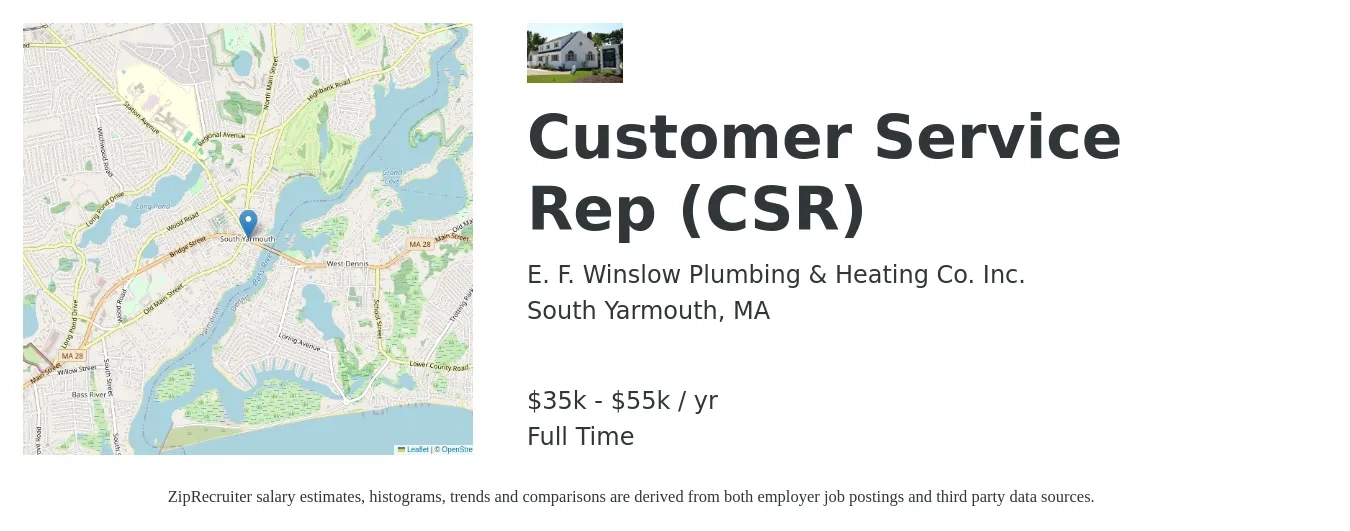 E. F. Winslow Plumbing & Heating Co. Inc. job posting for a Customer Service Rep (CSR) in South Yarmouth, MA with a salary of $35,000 to $55,000 Yearly with a map of South Yarmouth location.