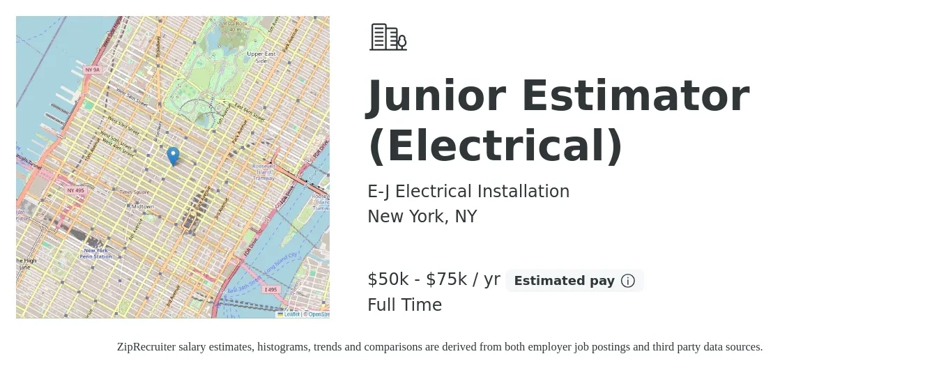 E-J Electrical Installation job posting for a Junior Estimator (Electrical) in New York, NY with a salary of $50,000 to $75,000 Yearly with a map of New York location.