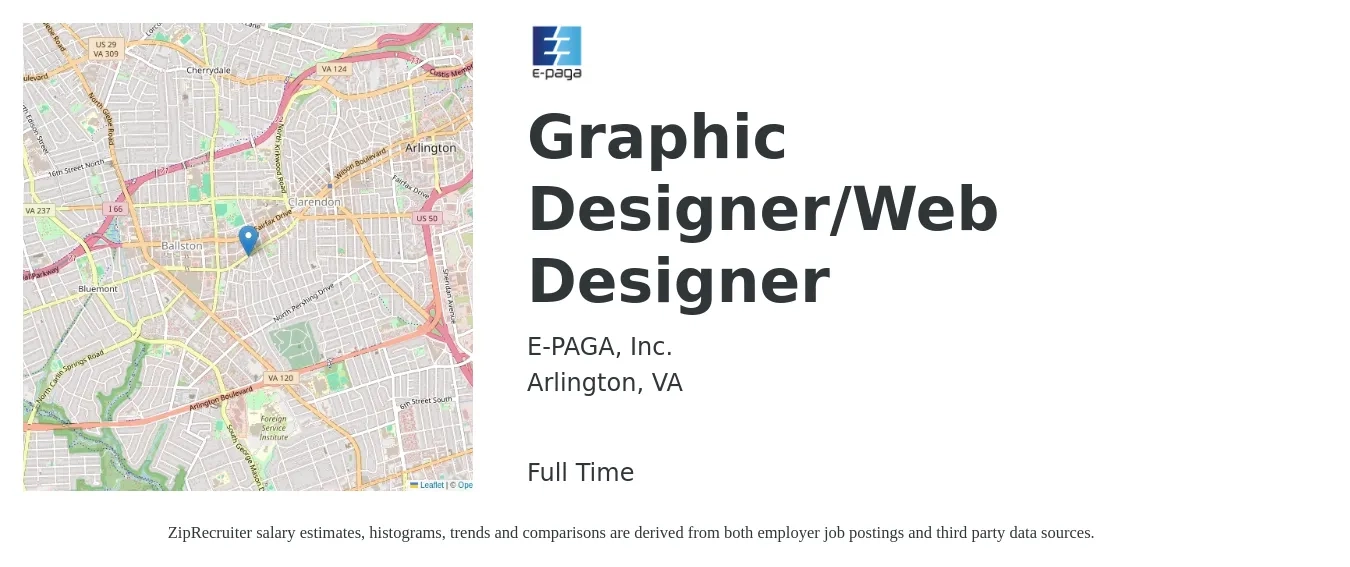 E-PAGA, Inc. job posting for a Graphic Designer/Web Designer in Arlington, VA with a salary of $45,700 to $77,700 Yearly with a map of Arlington location.