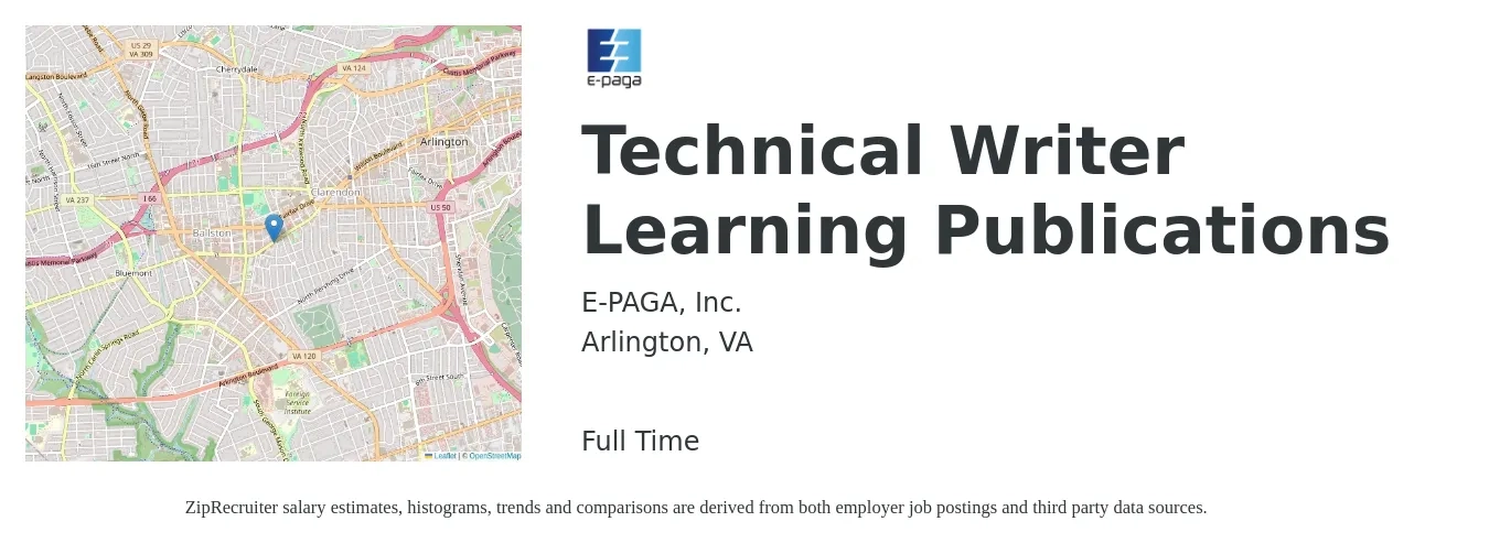 E-PAGA, Inc. job posting for a Technical Writer Learning Publications in Arlington, VA with a salary of $34 to $56 Hourly with a map of Arlington location.
