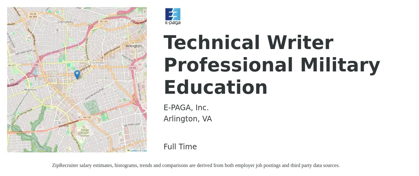 E-PAGA, Inc. job posting for a Technical Writer Professional Military Education in Arlington, VA with a salary of $34 to $56 Hourly with a map of Arlington location.