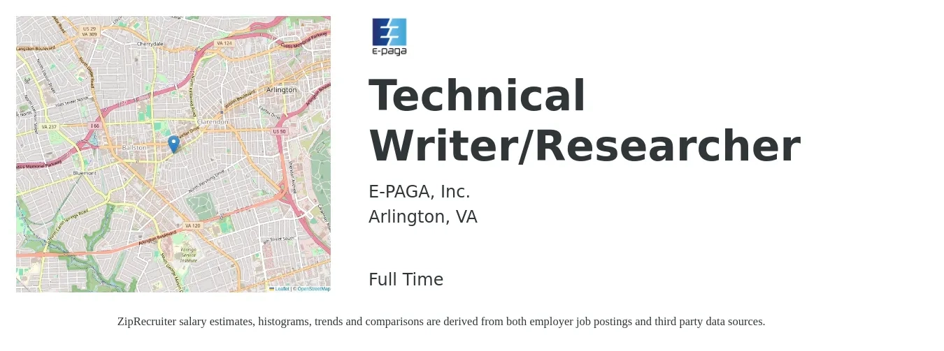 E-PAGA, Inc. job posting for a Technical Writer/Researcher in Arlington, VA with a salary of $34 to $56 Hourly with a map of Arlington location.