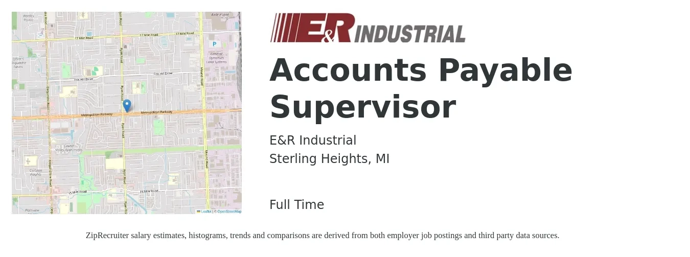 E&R Industrial job posting for a Accounts Payable Supervisor in Sterling Heights, MI with a salary of $61,000 to $83,800 Yearly with a map of Sterling Heights location.