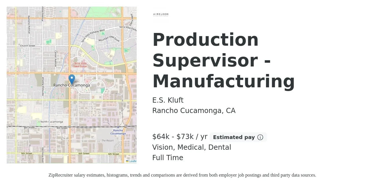 E.S. Kluft job posting for a Production Supervisor - Manufacturing in Rancho Cucamonga, CA with a salary of $64,480 to $73,000 Yearly and benefits including life_insurance, medical, pto, retirement, vision, and dental with a map of Rancho Cucamonga location.