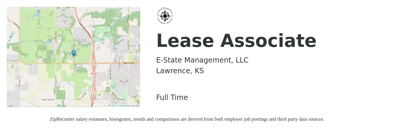 E-State Management, LLC job posting for a Lease Associate in Lawrence, KS with a salary of $16 to $22 Hourly with a map of Lawrence location.