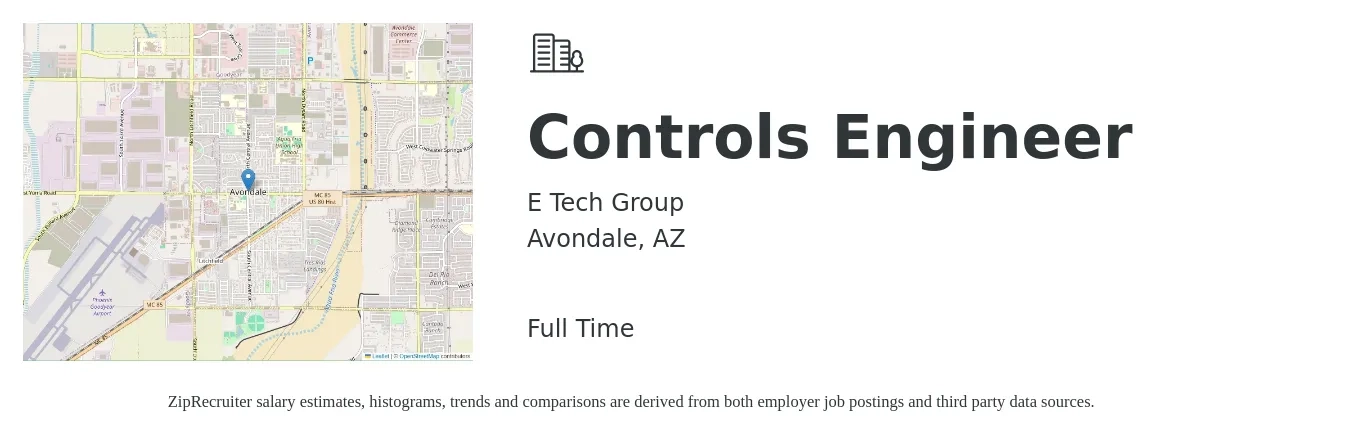 E Tech Group job posting for a Controls Engineer in Avondale, AZ with a salary of $81,600 to $105,500 Yearly with a map of Avondale location.