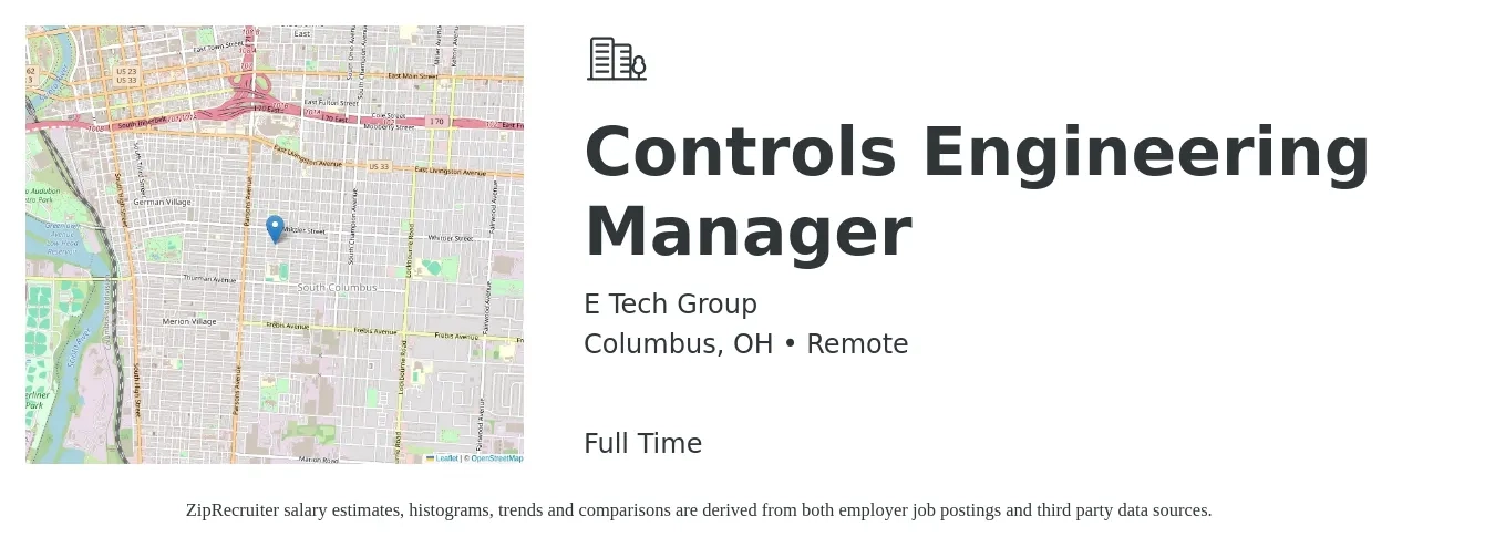 E Tech Group job posting for a Controls Engineering Manager in Columbus, OH with a salary of $80,700 to $104,300 Yearly with a map of Columbus location.