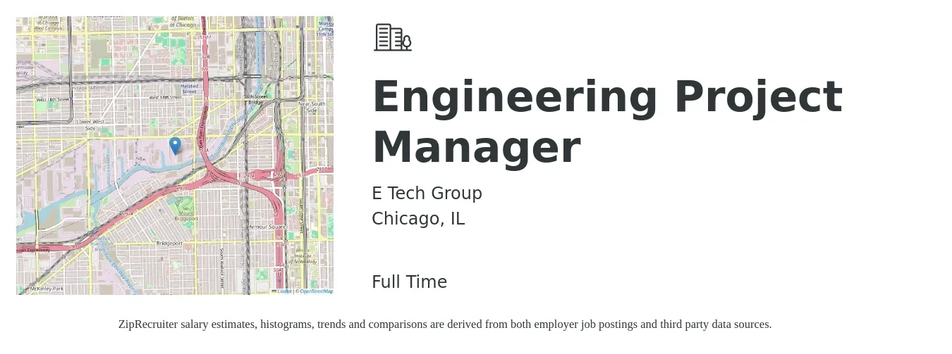 E Tech Group job posting for a Engineering Project Manager in Chicago, IL with a salary of $93,300 to $134,500 Yearly with a map of Chicago location.