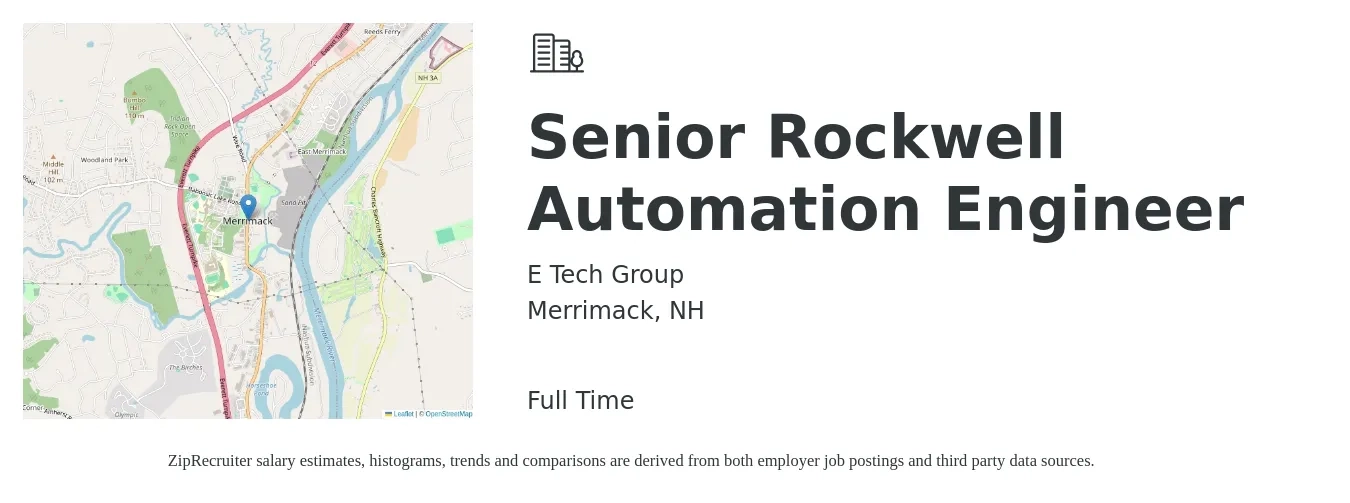E Tech Group job posting for a Senior Rockwell Automation Engineer in Merrimack, NH with a salary of $106,500 to $139,800 Yearly with a map of Merrimack location.