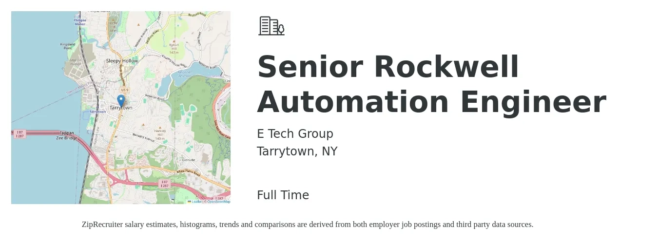 E Tech Group job posting for a Senior Rockwell Automation Engineer in Tarrytown, NY with a salary of $110,100 to $144,500 Yearly with a map of Tarrytown location.