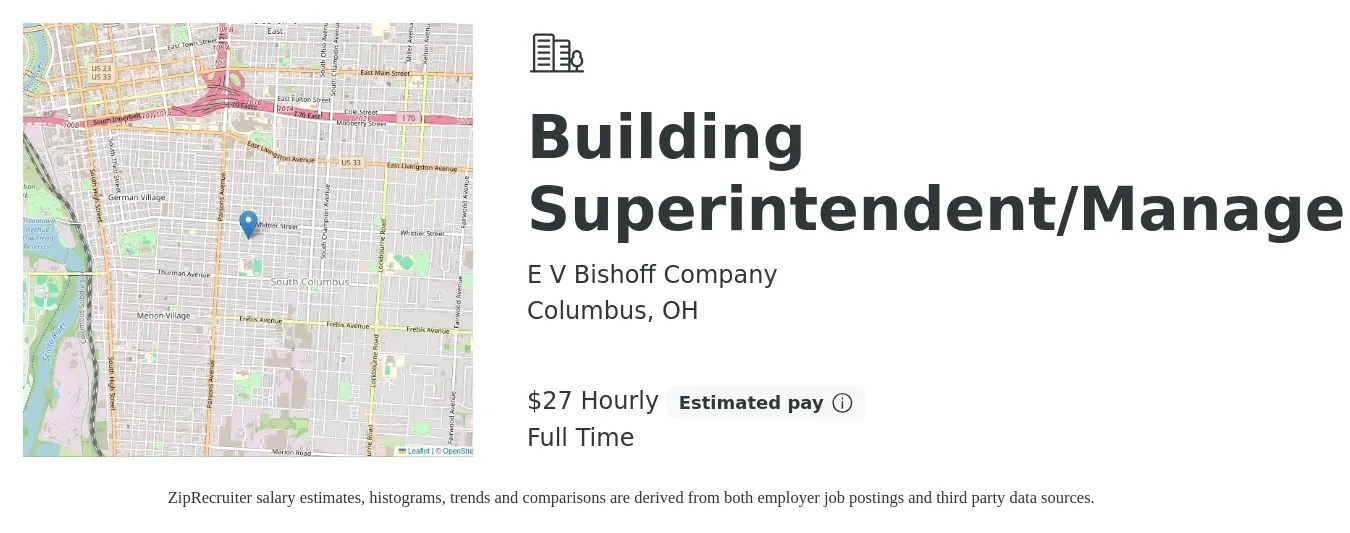 E V Bishoff Company job posting for a Building Superintendent/Manager in Columbus, OH with a salary of $29 Hourly with a map of Columbus location.