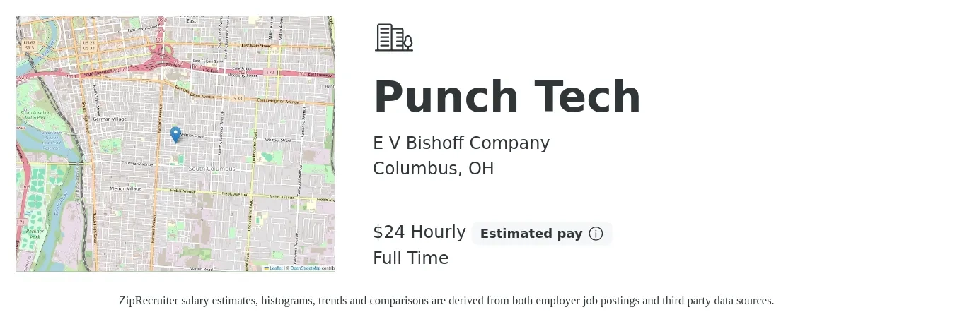 E V Bishoff Company job posting for a Punch Tech in Columbus, OH with a salary of $25 Hourly with a map of Columbus location.