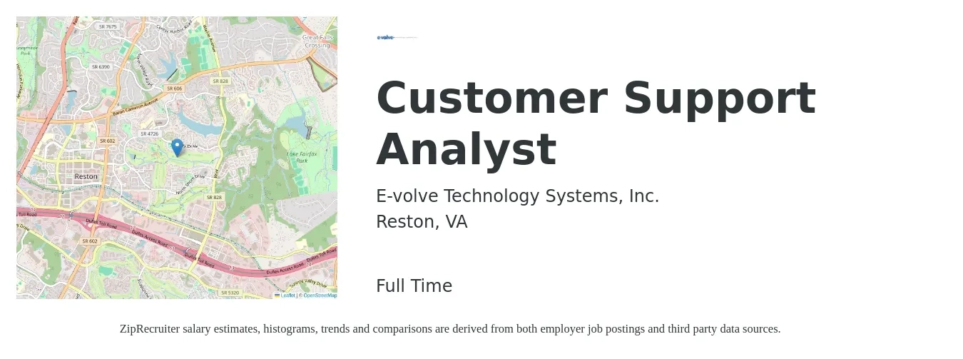 E-volve Technology Systems, Inc. job posting for a Customer Support Analyst in Reston, VA with a salary of $22 to $43 Hourly with a map of Reston location.