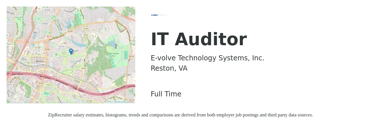 E-volve Technology Systems, Inc. job posting for a IT Auditor in Reston, VA with a salary of $75,000 to $116,700 Yearly with a map of Reston location.