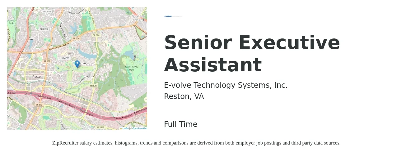 E-volve Technology Systems, Inc. job posting for a Senior Executive Assistant in Reston, VA with a salary of $62,400 to $109,800 Yearly with a map of Reston location.