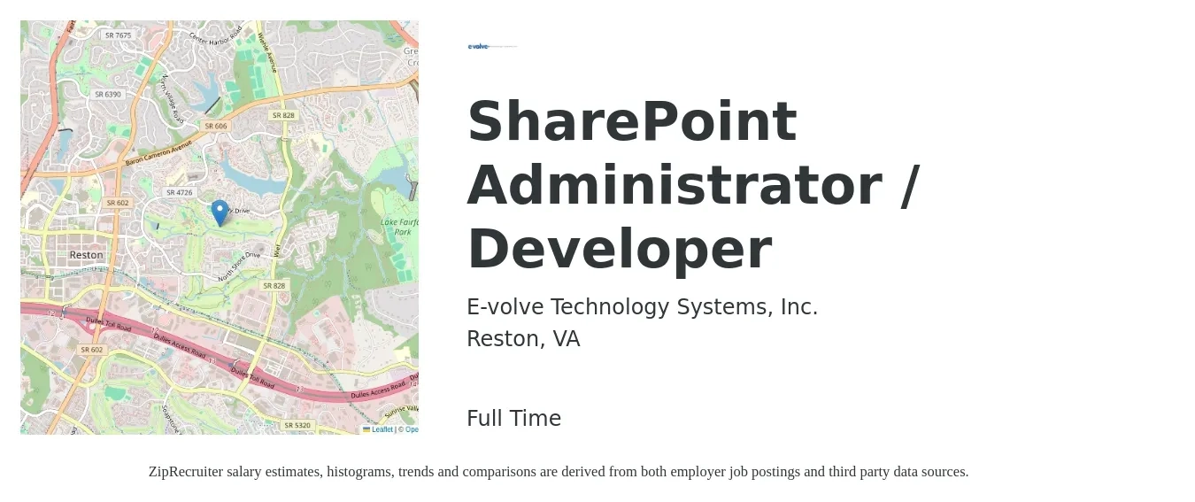 E-volve Technology Systems, Inc. job posting for a SharePoint Administrator / Developer in Reston, VA with a salary of $42 to $63 Hourly with a map of Reston location.