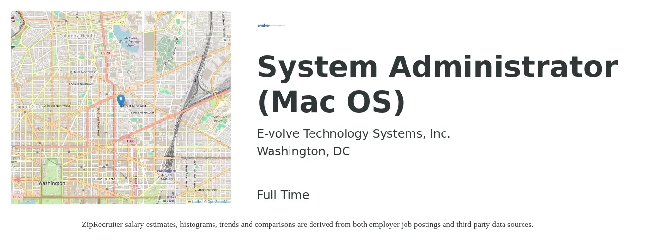E-volve Technology Systems, Inc. job posting for a System Administrator (Mac OS) in Washington, DC with a salary of $79,000 to $117,300 Yearly with a map of Washington location.