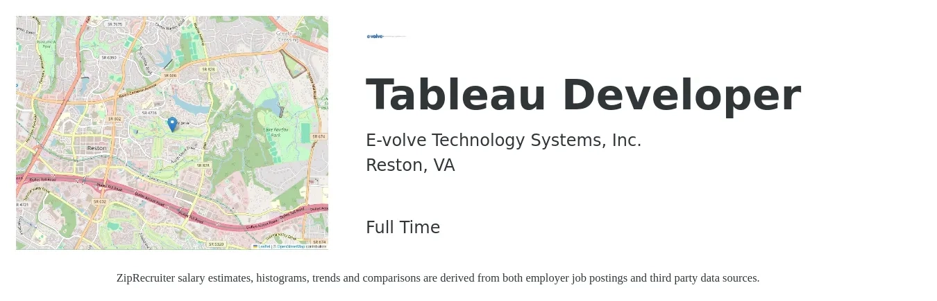 E-volve Technology Systems, Inc. job posting for a Tableau Developer in Reston, VA with a salary of $50 to $72 Hourly with a map of Reston location.