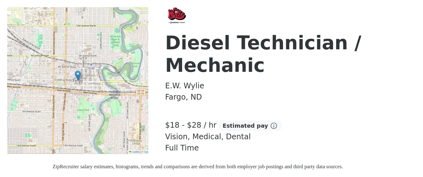 E.W. Wylie job posting for a Diesel Technician / Mechanic in Fargo, ND with a salary of $20 to $29 Hourly with a map of Fargo location.