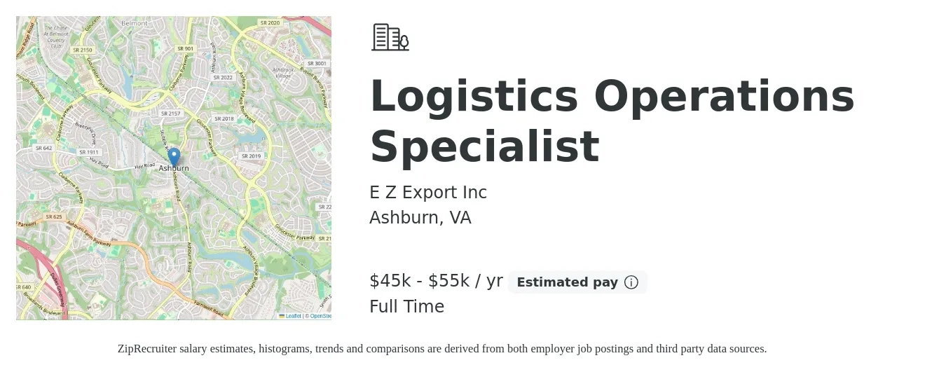 E Z Export Inc job posting for a Logistics Operations Specialist in Ashburn, VA with a salary of $45,000 to $55,000 Yearly with a map of Ashburn location.