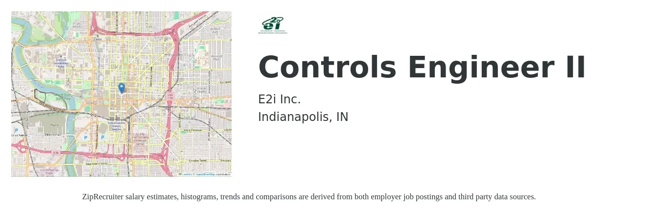 E2i Inc. job posting for a Controls Engineer II in Indianapolis, IN with a salary of $85 Hourly with a map of Indianapolis location.