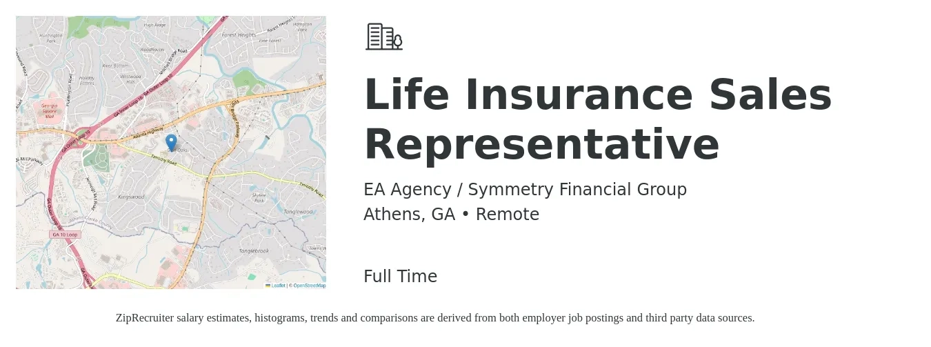 EA Agency / Symmetry Financial Group job posting for a Life Insurance Sales Representative in Athens, GA with a salary of $500,000 Yearly with a map of Athens location.