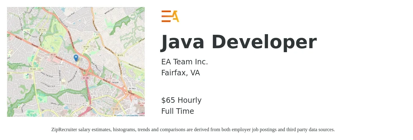 EA Team Inc. job posting for a Java Developer in Fairfax, VA with a salary of $68 Hourly with a map of Fairfax location.