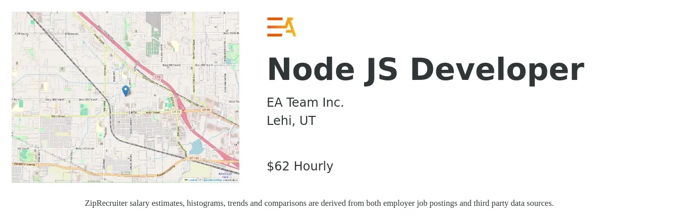 EA Team Inc. job posting for a Node JS Developer in Lehi, UT with a salary of $65 Hourly with a map of Lehi location.