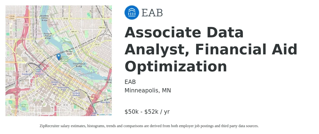 EAB job posting for a Associate Data Analyst, Financial Aid Optimization in Minneapolis, MN with a salary of $50,000 to $52,500 Yearly with a map of Minneapolis location.