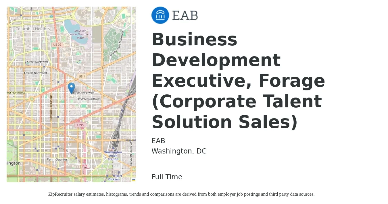 EAB job posting for a Business Development Executive, Forage (Corporate Talent Solution Sales) in Washington, DC with a salary of $71,100 to $112,900 Yearly with a map of Washington location.