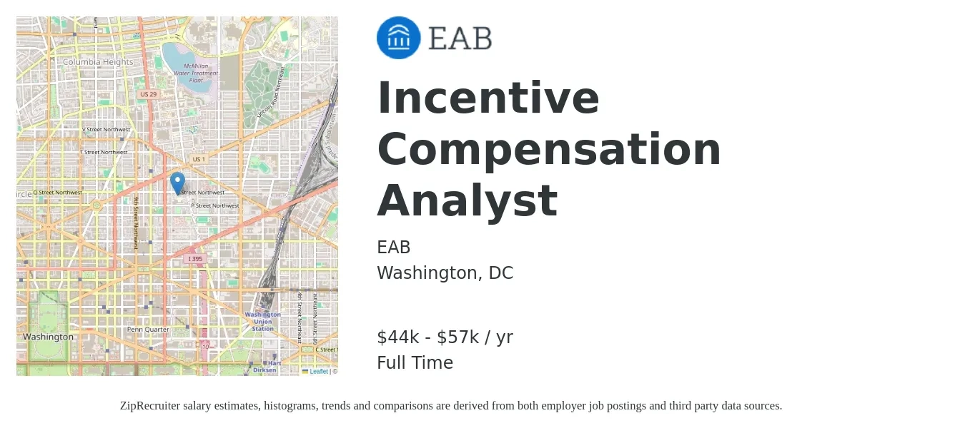 EAB job posting for a Incentive Compensation Analyst in Washington, DC with a salary of $44,000 to $57,500 Yearly with a map of Washington location.