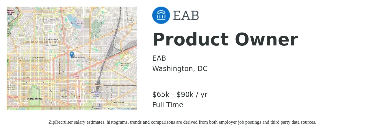 EAB job posting for a Product Owner in Washington, DC with a salary of $65,000 to $90,000 Yearly with a map of Washington location.