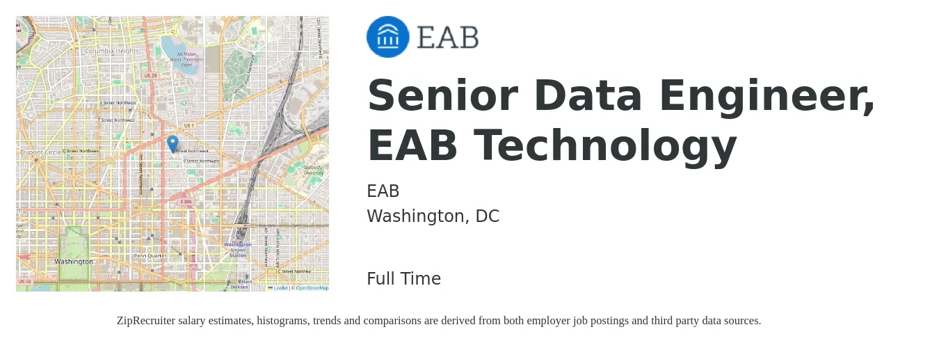 EAB job posting for a Senior Data Engineer, EAB Technology in Washington, DC with a salary of $119,700 to $162,600 Yearly with a map of Washington location.