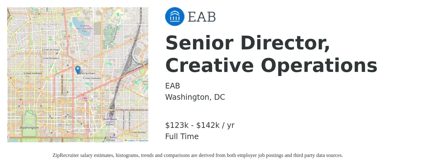 EAB job posting for a Senior Director, Creative Operations in Washington, DC with a salary of $123,000 to $142,000 Yearly with a map of Washington location.