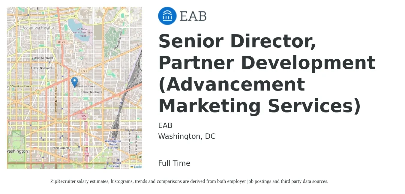 EAB job posting for a Senior Director, Partner Development (Advancement Marketing Services) in Washington, DC with a salary of $116,900 to $179,000 Yearly with a map of Washington location.