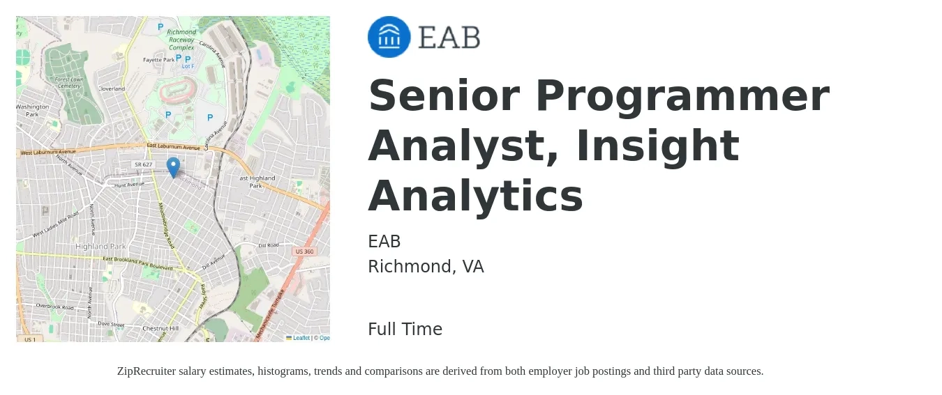 EAB job posting for a Senior Programmer Analyst, Insight Analytics in Richmond, VA with a salary of $44 to $60 Hourly with a map of Richmond location.