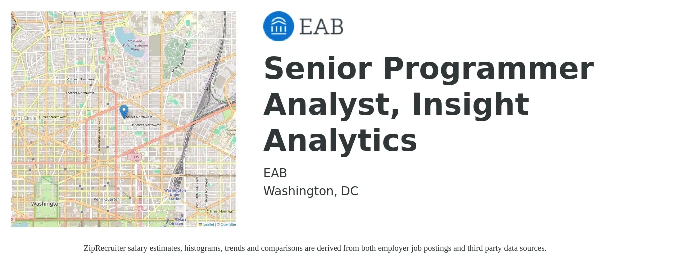 EAB job posting for a Senior Programmer Analyst, Insight Analytics in Washington, DC with a salary of $50 to $68 Hourly with a map of Washington location.