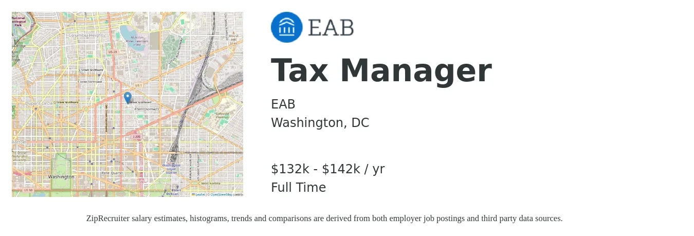 EAB job posting for a Tax Manager in Washington, DC with a salary of $132,500 to $142,500 Yearly with a map of Washington location.