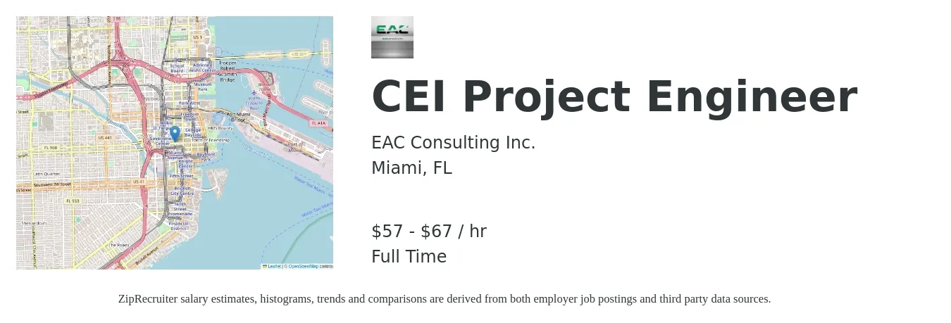 EAC Consulting Inc. job posting for a CEI Project Engineer in Miami, FL with a salary of $60 to $70 Hourly with a map of Miami location.