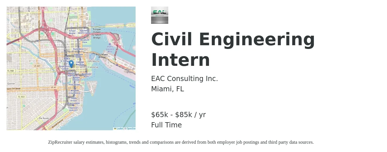 EAC Consulting Inc. job posting for a Civil Engineering Intern in Miami, FL with a salary of $65,000 to $85,000 Yearly with a map of Miami location.