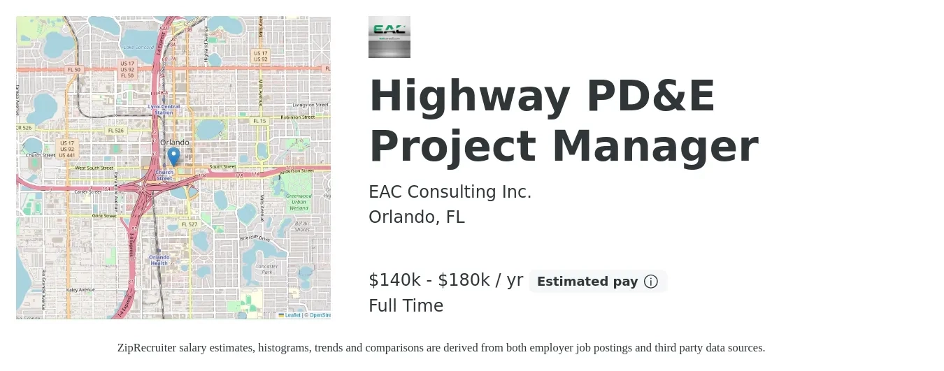 EAC Consulting Inc. job posting for a Highway PD&E Project Manager in Orlando, FL with a salary of $140,000 to $180,000 Yearly with a map of Orlando location.