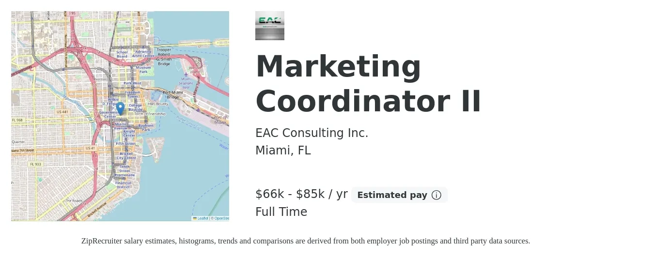 EAC Consulting Inc. job posting for a Marketing Coordinator II in Miami, FL with a salary of $66,000 to $85,000 Yearly with a map of Miami location.
