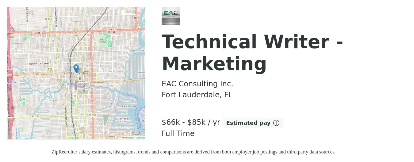 EAC Consulting Inc. job posting for a Technical Writer - Marketing in Fort Lauderdale, FL with a salary of $66,000 to $85,000 Yearly with a map of Fort Lauderdale location.