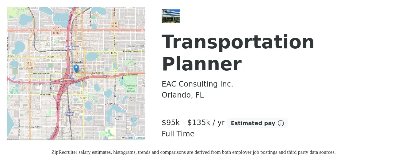 EAC Consulting Inc. job posting for a Transportation Planner in Orlando, FL with a salary of $95,000 to $135,000 Yearly with a map of Orlando location.