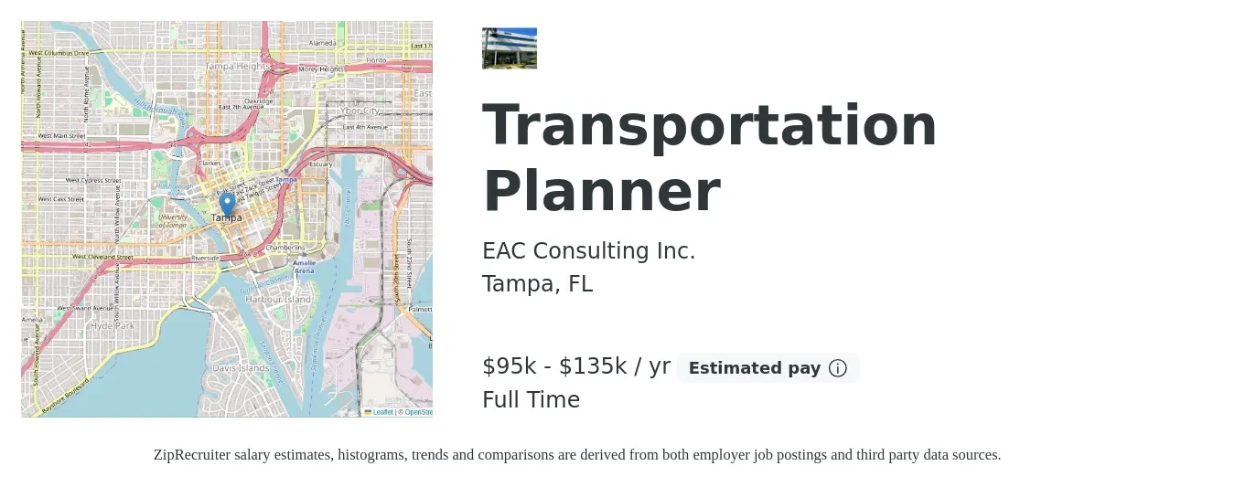 EAC Consulting Inc. job posting for a Transportation Planner in Tampa, FL with a salary of $95,000 to $135,000 Yearly with a map of Tampa location.