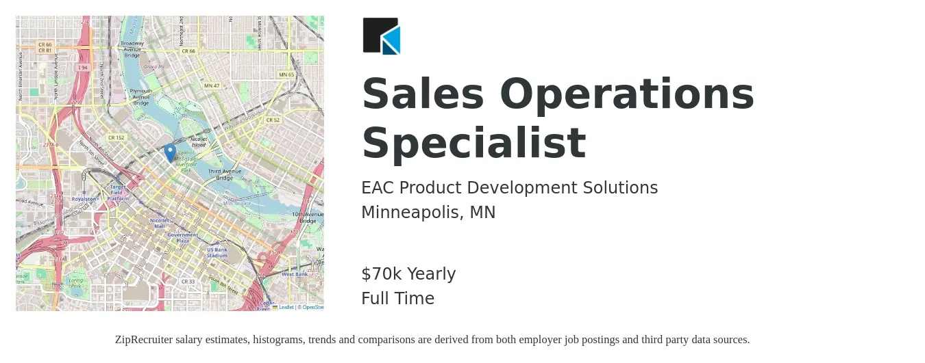 EAC Product Development Solutions job posting for a Sales Operations Specialist in Minneapolis, MN with a salary of $60 Daily with a map of Minneapolis location.