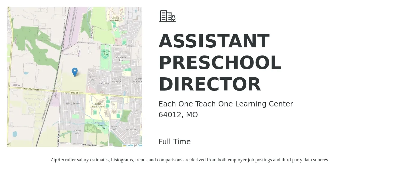 Each One Teach One Learning Center job posting for a ASSISTANT PRESCHOOL DIRECTOR in 64012, MO with a salary of $33,300 to $43,400 Yearly with a map of 64012 location.