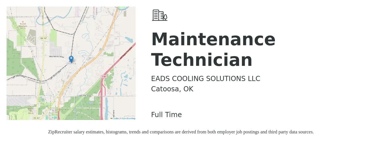 EADS COOLING SOLUTIONS LLC job posting for a Maintenance Technician in Catoosa, OK with a salary of $18 to $24 Hourly with a map of Catoosa location.