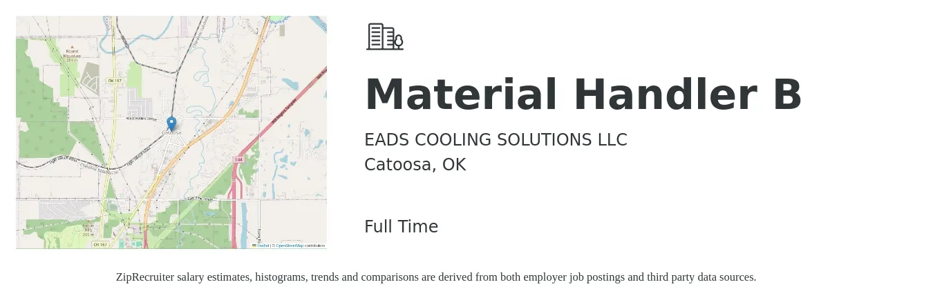 EADS COOLING SOLUTIONS LLC job posting for a Material Handler B in Catoosa, OK with a salary of $15 to $18 Hourly with a map of Catoosa location.