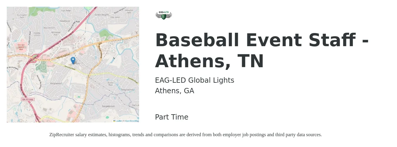 EAG-LED Global Lights job posting for a Baseball Event Staff - Athens, TN in Athens, GA with a salary of $150 to $250 Daily with a map of Athens location.